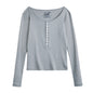 Maden Women’s Slim Fit Henley Shirt Ribbed Knit Long Sleeve T-shirt O-Neck Layering Top Solid Color Autumn Winter Inner Wear