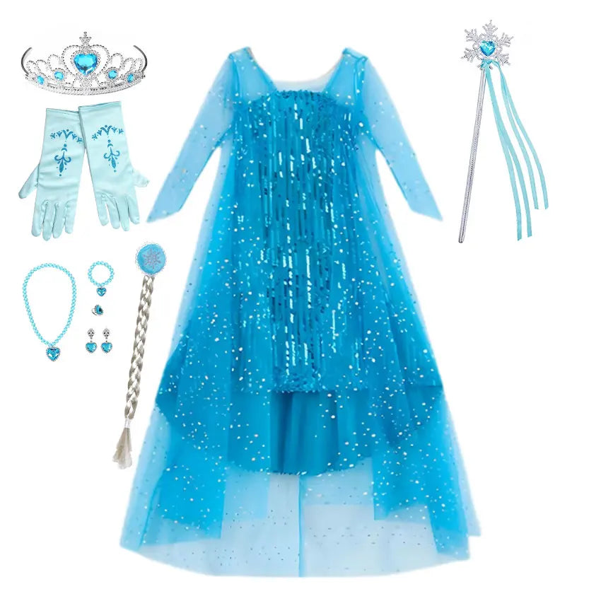 Girl Stunning Princess Maxi Dress All Body Sequin Covered Blue Train Sparkly Tulle Costume Snow Queen Party Elsa Cosplay Outfit