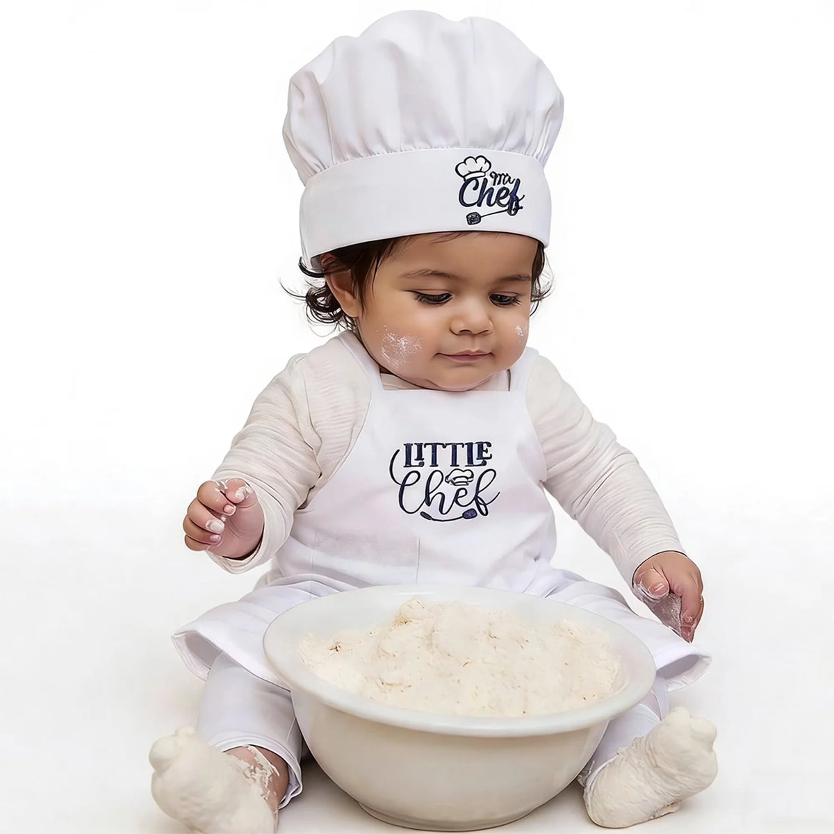 Ylsteed 2 Pcs Set Cute Baby Chef Apron and Hat Infant Kids White Cook Costume Photography Prop Newborn Hat Apron-HD