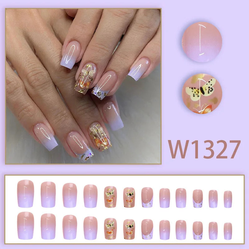 Blue French 24 Pcs Press on Nails Pink Gradient Fake Nails Glossy Artificial Finger Manicure Reusable False Nails
