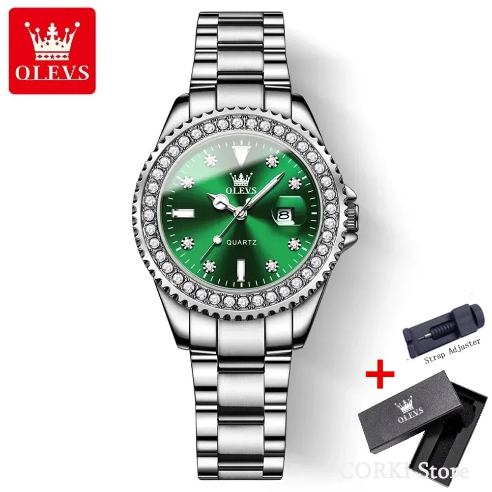 OLEVS 9945 Luxury Diamond Stainless Steel Quartz Watch for Women Elegant Ladies Waterproof Sport Women's Wristwatch Reloj Mujer
