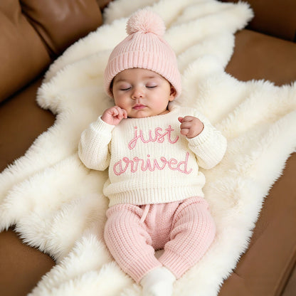 Ylsteed 3 Pcs Set Knitting Newborn Boy Photography Clothes "Just Arrived" Embroidery Khaki Baby Outfits Sweater Baby Shower Gift