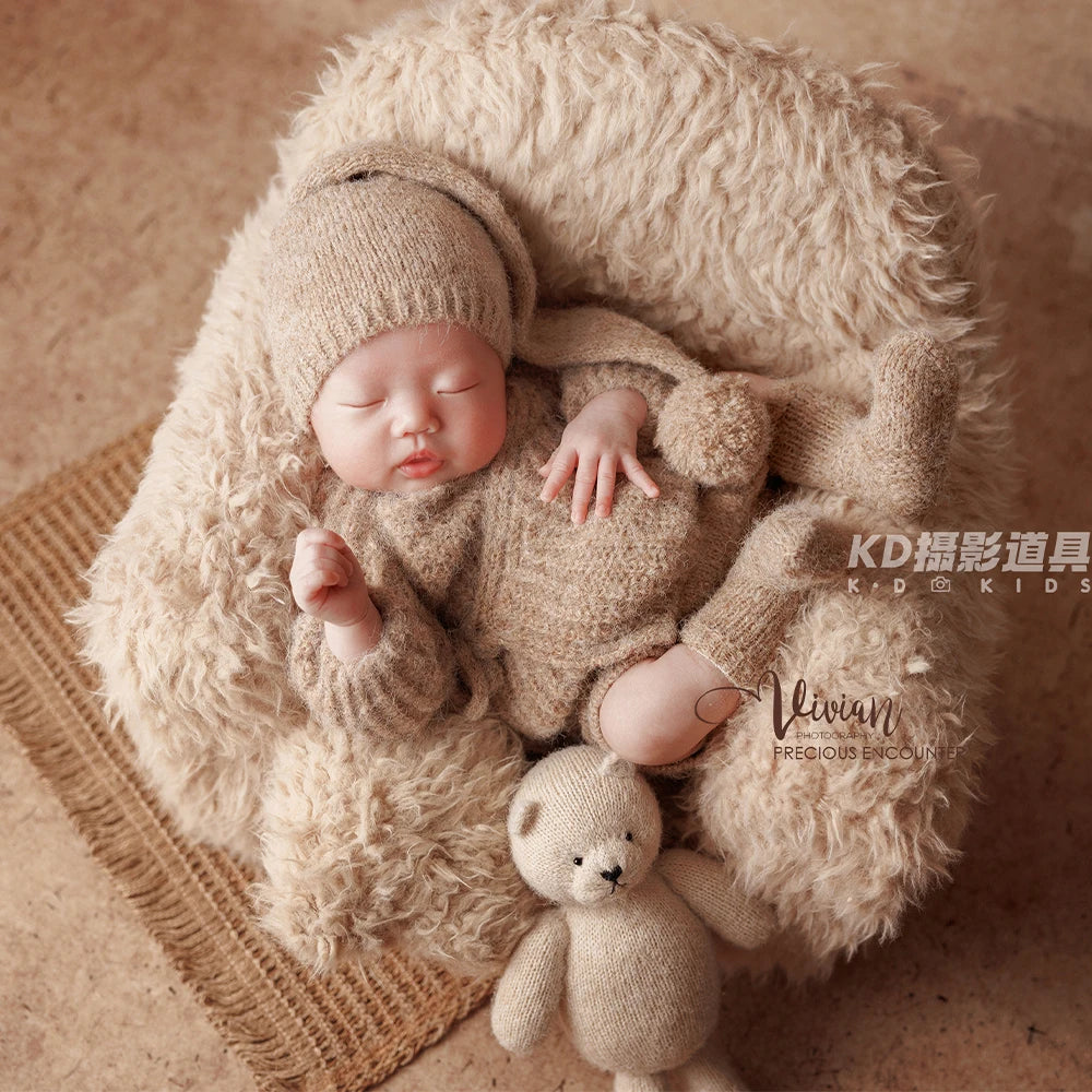 0-1 Month Newborn Photography Scenes Props Knitted Baby Costume Set Teddy Bear Doll Coffee Maker Props Studio Photo Accessories