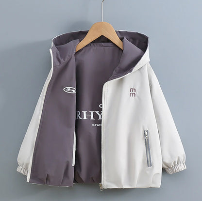 2026 Spring Autumn Girls Reversible Waterproof Hooded Jacket Teen Kid Letter Print Windbreaker Coat Children Loose Outerwear Top