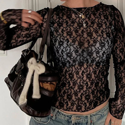 Women's Long Sleeve See through Lace Crop Top Sexy Bodycon T-Shirt Solid Color Party Clubwear for Autumn Winter