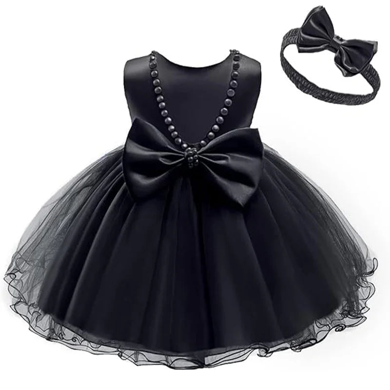 Infant Baby Tulle Backless Pageant Wedding Party Flower Girls Big Bow Dress With Headwear For Toddler Baptism Birthday Prom Gown