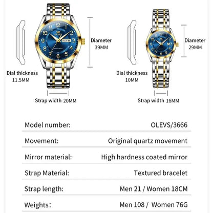 OLEVS 3666 Couple Watch Luxury Brand Quartz Watch Waterproof Watch Lover Gift Night Light Classic Date Week Clock His Her Watch