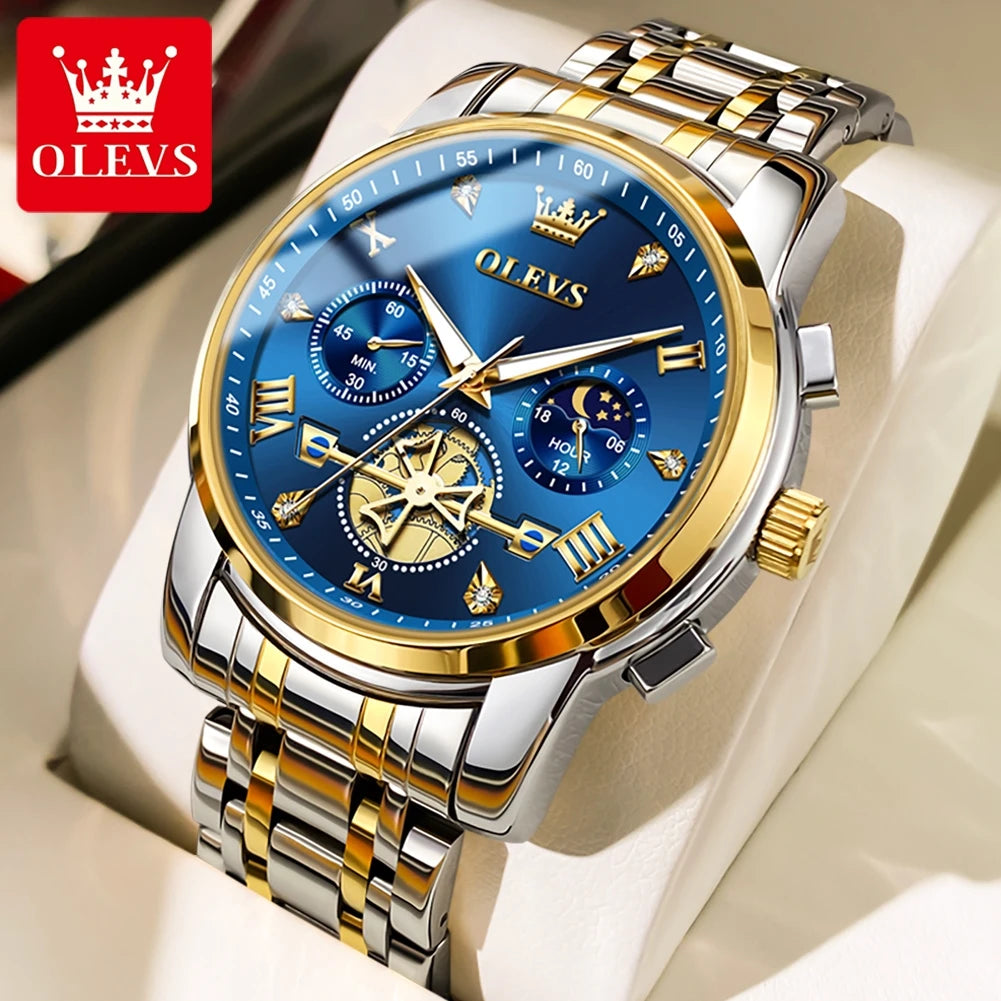 OLEVS Luxury Flywheel Design Couple Wristwatch Chronograph Waterproof Moon Phase Watch Brand Original Quartz Watch for Men Women