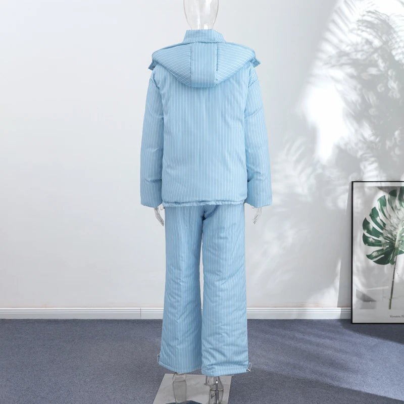 Casual Women's Stripe Set With Hat Full Sleeve Cotton Padded Coat Straight Pants Female Loose Sets 2026 Autumn Winter Lady Suit