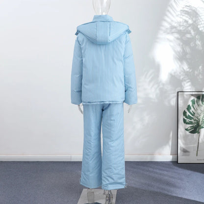 Casual Women's Stripe Set With Hat Full Sleeve Cotton Padded Coat Straight Pants Female Loose Sets 2026 Autumn Winter Lady Suit