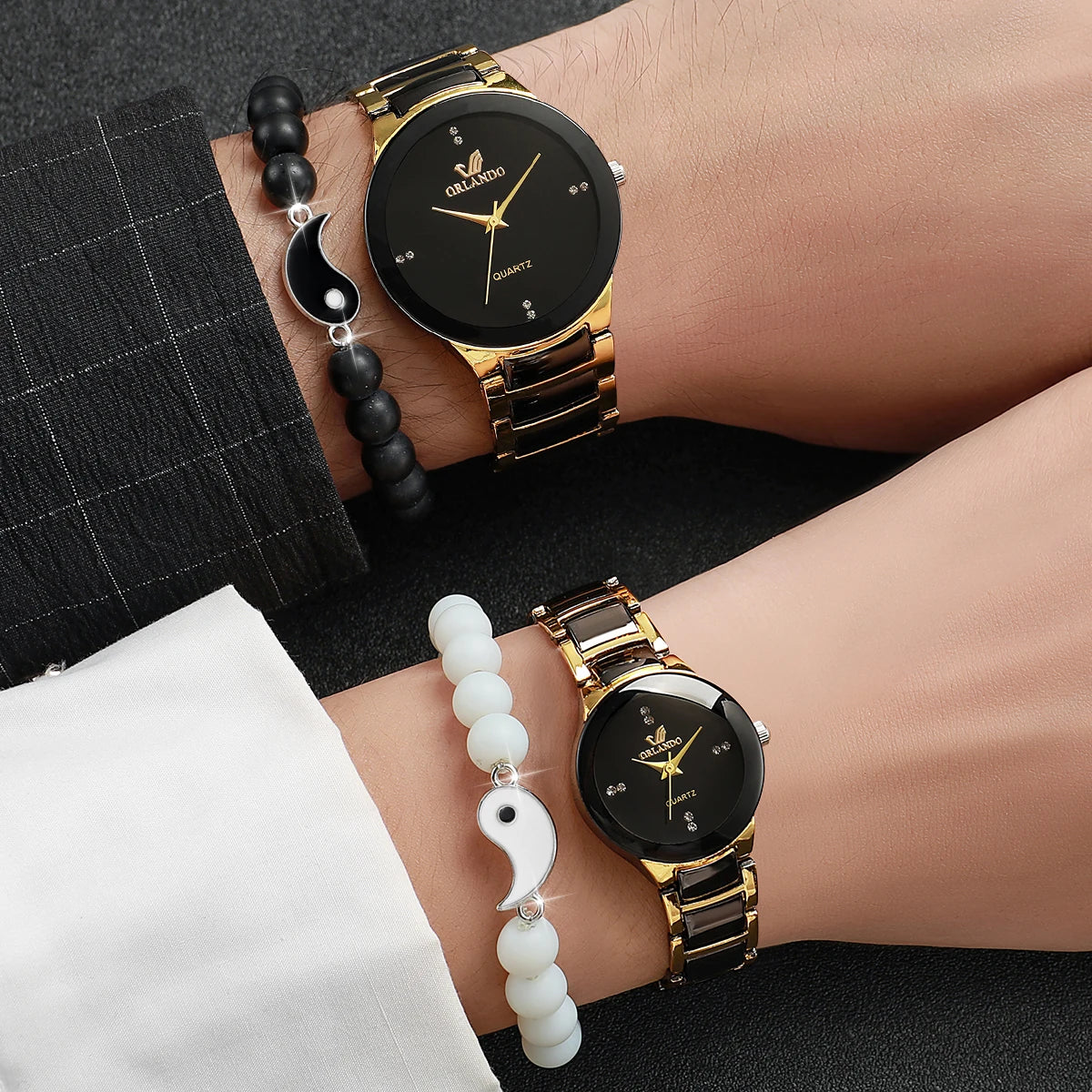4PCS/Set Couple's Watches Fashion Rhinestone Women Quartz Watch Stainless Steel Band Men Wristwatches Bracelets Set