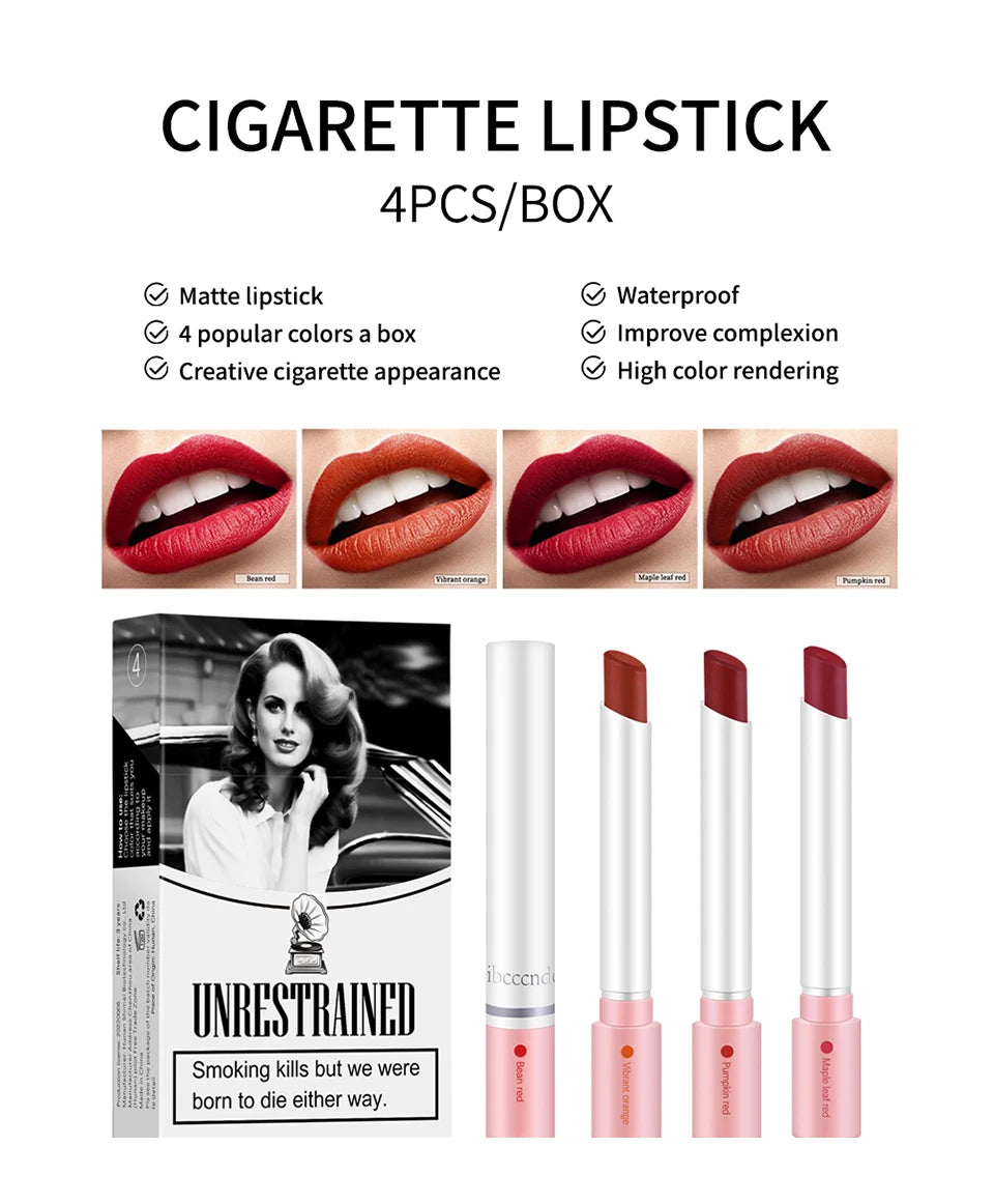 4PCS/Set Creative Cigarette Lipstick Set Matte Long Lasting Waterproof Matt Lip Stick Tube Nude Red Velvet Lip Tint Makeup