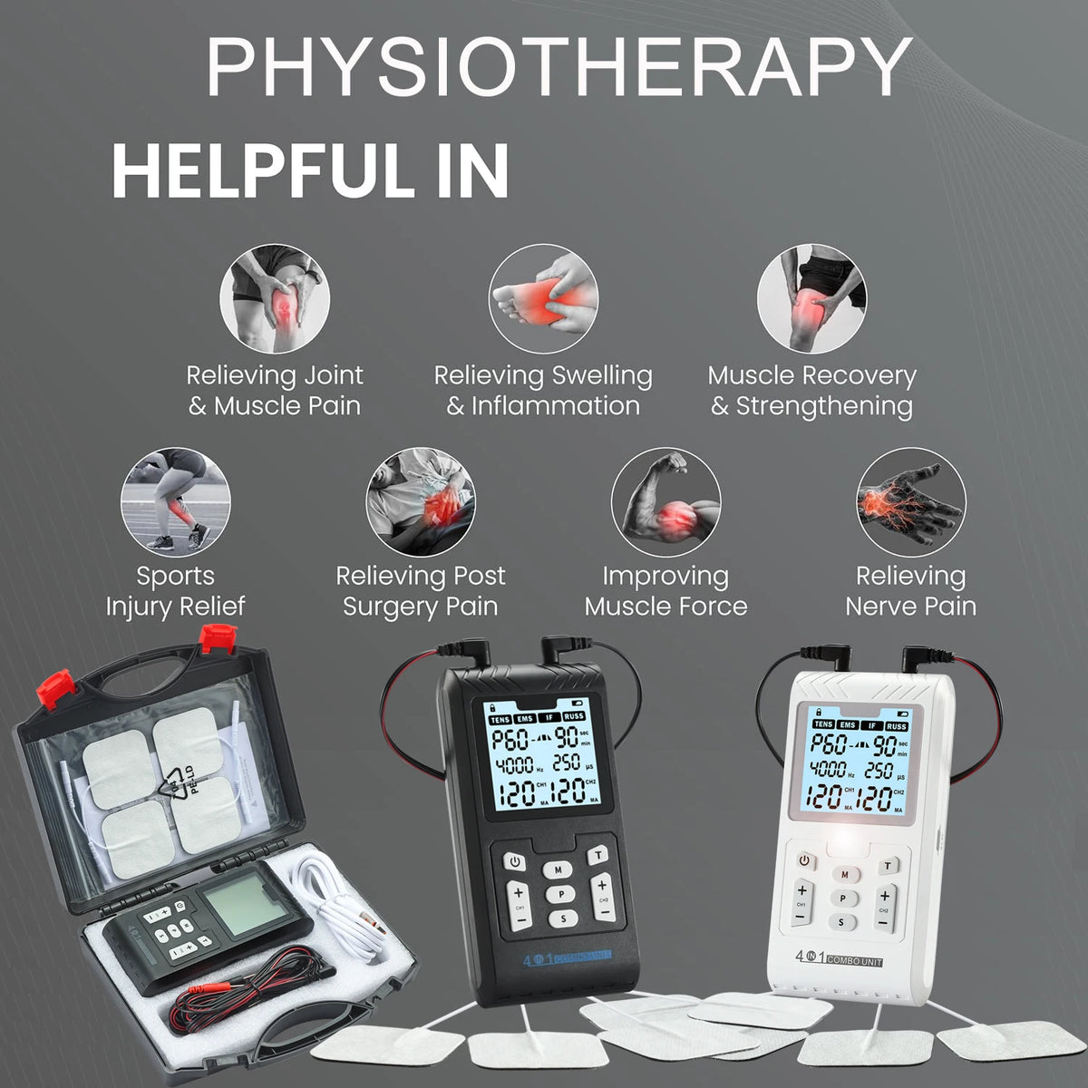4-in-1 Electric Muscle Stimulator EMS Interferential High-Frequency Physiotherapy Device Electrostimulator for Muscle Relaxation
