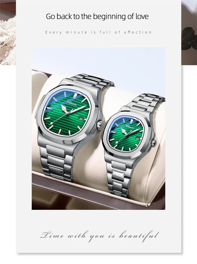 CHENXI 8222 Fashion Couple Quartz Watch Waterproof Night Light Date Stainless Steel Strap Casual Date Men's and Women's Watch