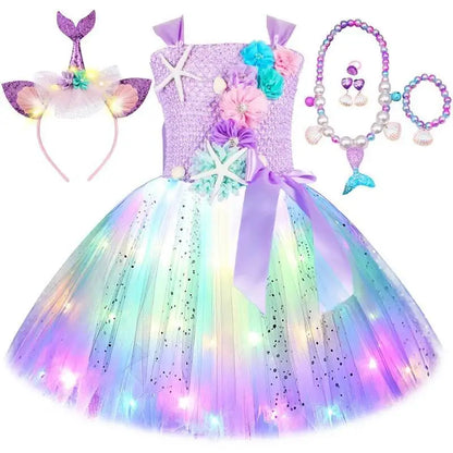 Girls' LED Flashing Mermaid Performance Clothing, Kids' Birthday Beauty Outfit, Fish-Tail Floral Mermaid Princess Tulle Dress