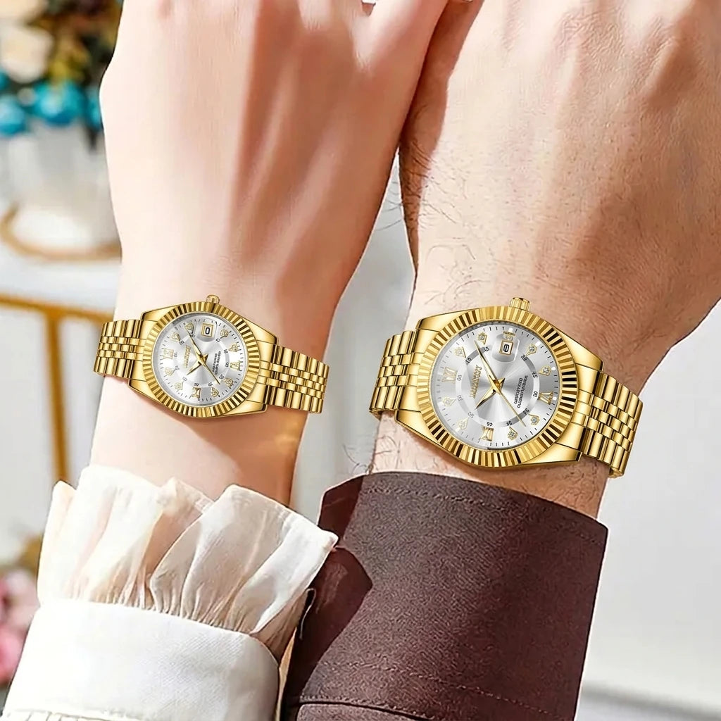 2PCS Fashion Couple's Watches Set Luxury Rhinestone Roma Dial Women Quartz Watch Men Calendar Business Wristwatches（Without Box）