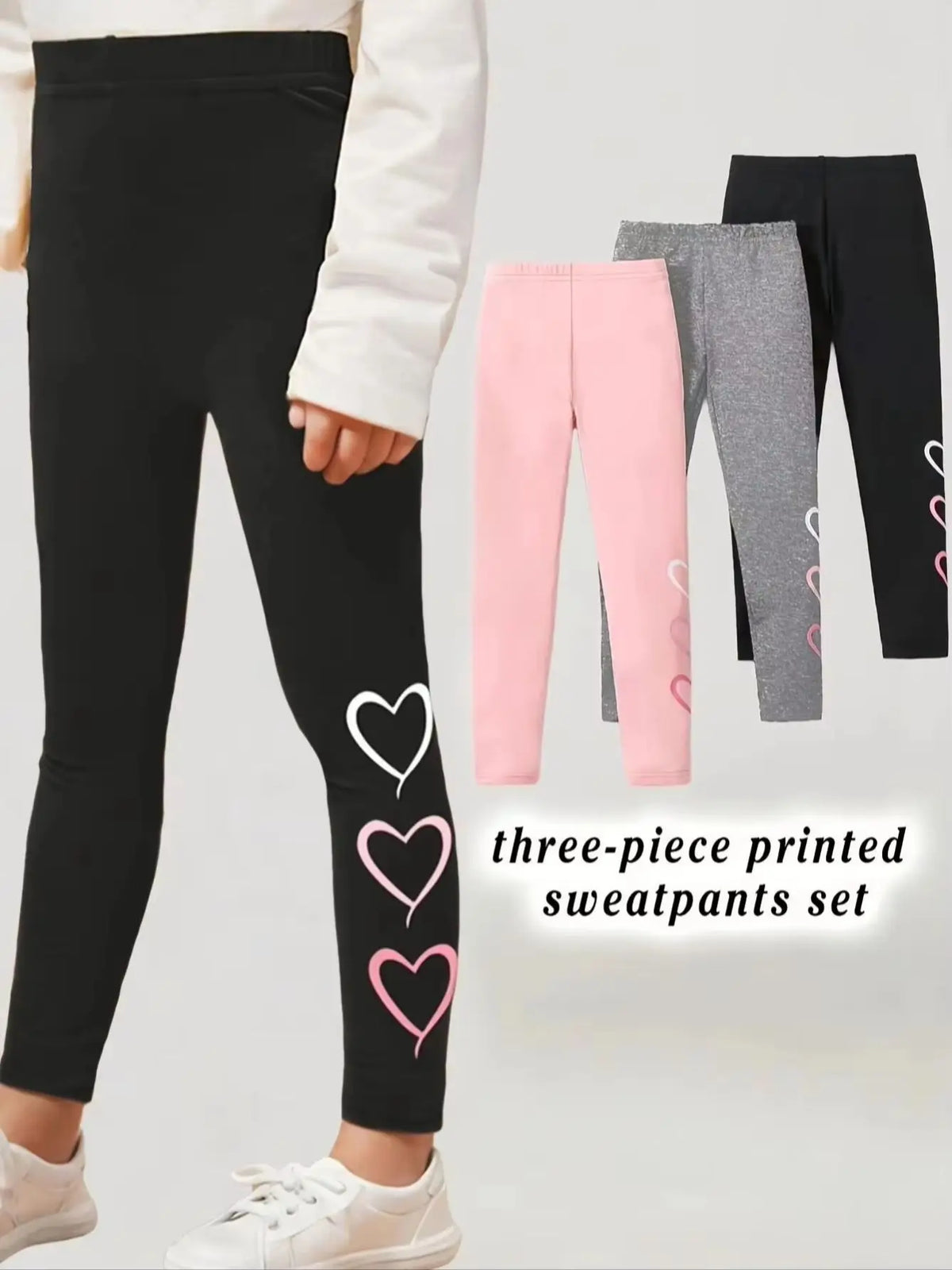 3-Pack: Girls' Solid-Color Casual Leggings (Heart Pattern) — Suitable for All Seasons; Fits Ages 3+