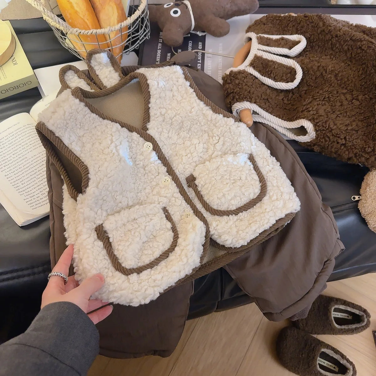 Autumn Winter Baby Lamb Wool Warm Waistcoat Girls Bunny Ears Plush Vest Single Breasted Layer Child Warm Fashion Warm Coat