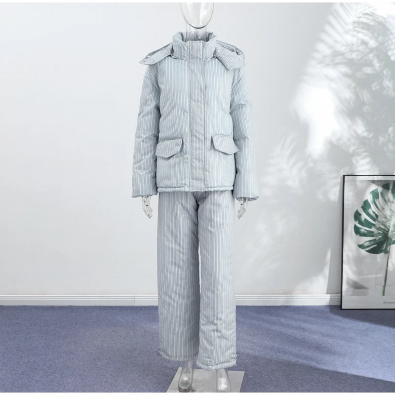 Street Striped Women's Cotton Coat Trouser Suits Hooded Zippers  Autumn Winter Thicken Lady Set 2026 Chic Female Outfits