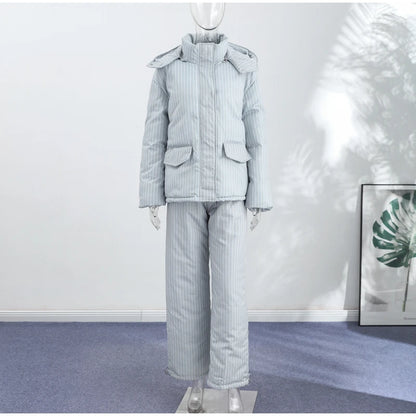 Street Striped Women's Cotton Coat Trouser Suits Hooded Zippers  Autumn Winter Thicken Lady Set 2026 Chic Female Outfits