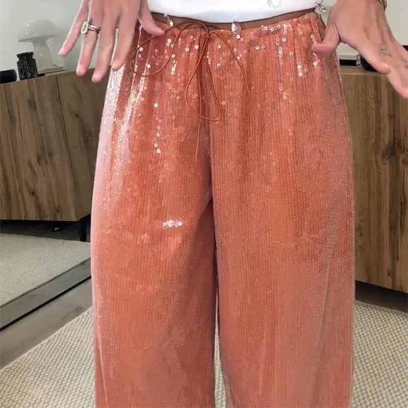 Casual Sequin Pants Women Loose Elastic Waist Wide Legs Trousers Female 2026 Autumn Winter Fashion Chic Solid Streetwears Lady