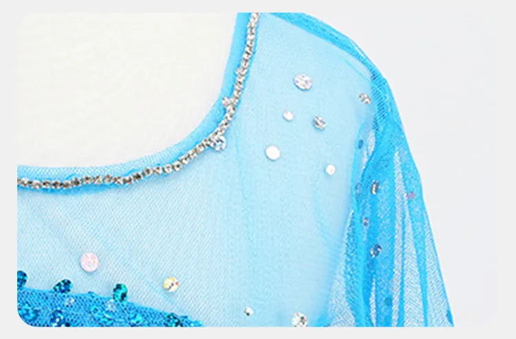 Girl Stunning Princess Maxi Dress All Body Sequin Covered Blue Train Sparkly Tulle Costume Snow Queen Party Elsa Cosplay Outfit