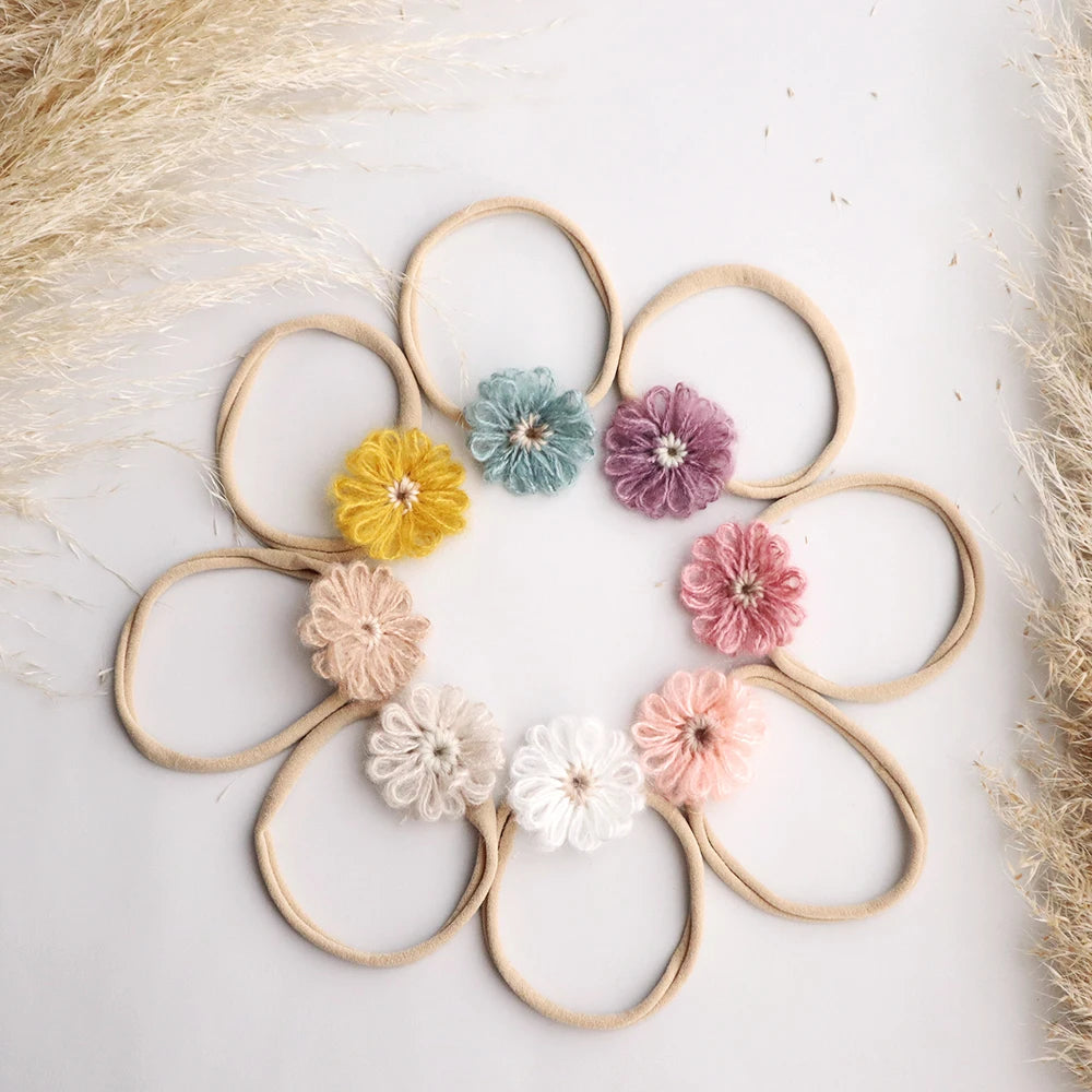1.6in Woolen Flowers Baby Girls Nylon Headbands Kid Handmade Elastic Hairbands Children Hair Accessories Vintage Toddler Winter