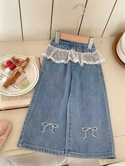 Girls Stitching Lace Denim Pants 2025New Spring Embroidered Bow Jeans Children Clothes Kids Straight Legged Pants Loose Trousers