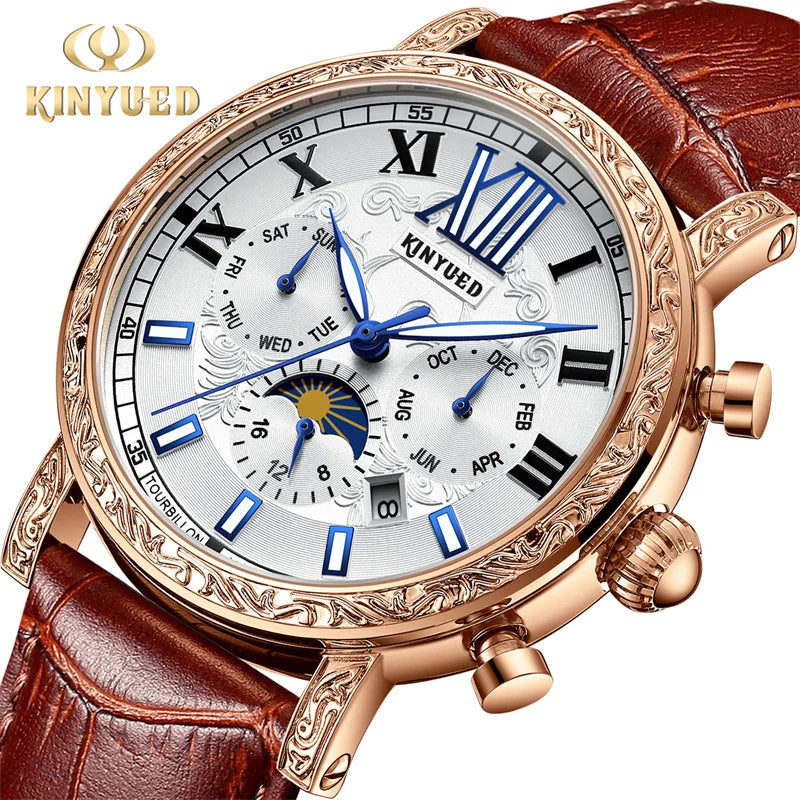 KINYUED Brand Luxury Men's Moon Phase Automatic Mechanical Watch Leather Strap Waterproof Week Date Casual Dress Wrist Watches