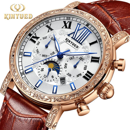KINYUED Brand Luxury Men's Moon Phase Automatic Mechanical Watch Leather Strap Waterproof Week Date Casual Dress Wrist Watches