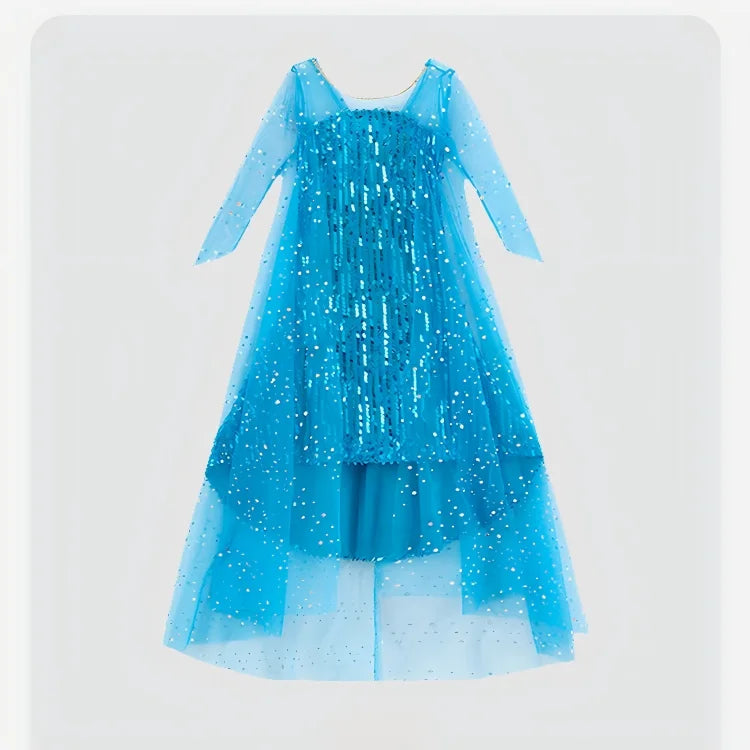 Girl Stunning Princess Maxi Dress All Body Sequin Covered Blue Train Sparkly Tulle Costume Snow Queen Party Elsa Cosplay Outfit