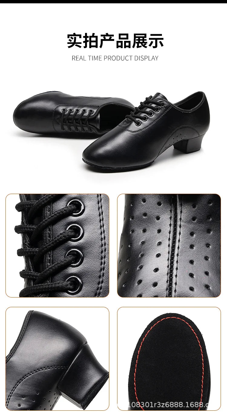 Children Latin Dance Shoes Boy Men Professional Leather Latin Shoes Black Soft Sole Kids Low-heeled Social Modern Dance Shoes