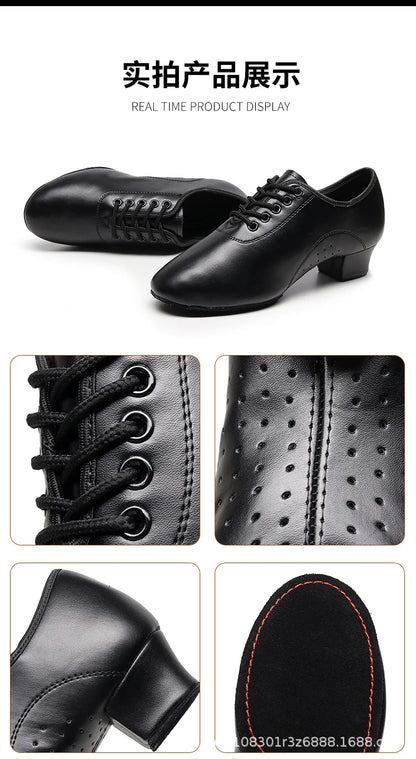 Children Latin Dance Shoes Boy Men Professional Leather Latin Shoes Black Soft Sole Kids Low-heeled Social Modern Dance Shoes