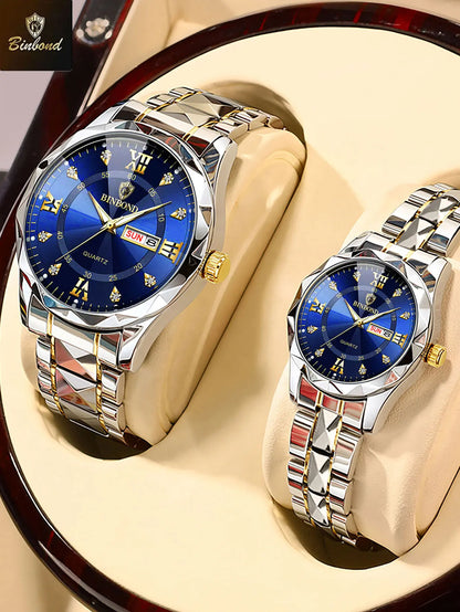 BINBOND 2pcs/Set Couple Watches 30M Waterproof Fashion Diamond Valentine Day Gift Stainless Steel Watch Men Women Quartz Watch