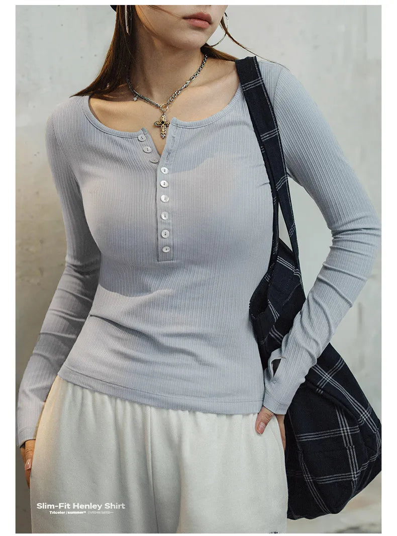 Maden Women’s Slim Fit Henley Shirt Ribbed Knit Long Sleeve T-shirt O-Neck Layering Top Solid Color Autumn Winter Inner Wear