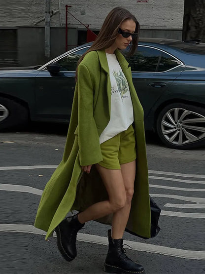Women Olive Green Oversized Coat Notched Lapel Double Breasted Straight Outerwear Vintage Fall Winter Daily 2026 Office Outfit
