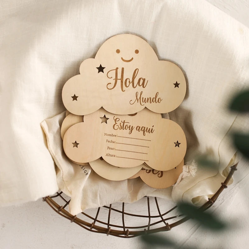 Spanish Alphabet Baby  Wooden Milestone Number Month Memorial Cards Items Cute Cloud Shape Newborn Photography Accessories Props