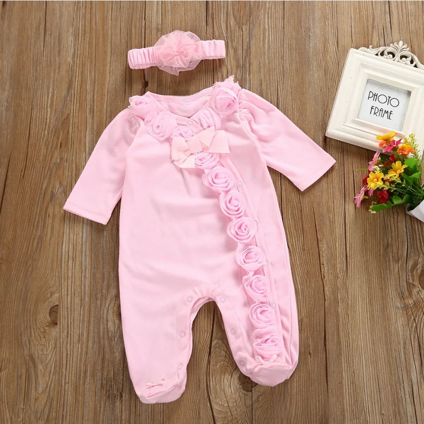 Spring  Newborn Baby Girl Clothes  2pcs Long Sleeve Lace Romper & Headband Set Cotton Flower Footies  Newborn Baby Girl Gift