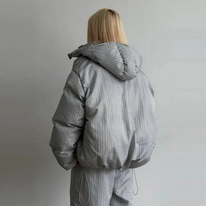 Street Striped Women's Cotton Coat Trouser Suits Hooded Zippers  Autumn Winter Thicken Lady Set 2026 Chic Female Outfits
