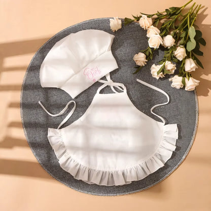 Ylsteed 2 Pcs Set Cute Baby Chef Apron and Hat Infant Kids White Cook Costume Photography Prop Newborn Hat Apron-HD