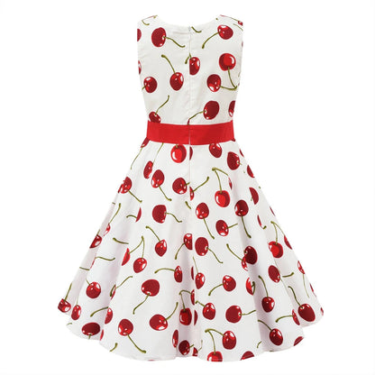 LPATTERN Girls' Vintage Rockabilly Dress Party Retro Polka Dot Floral Pattern A-line Dresses Pleated Skirt Knee-Length for 4-10Y