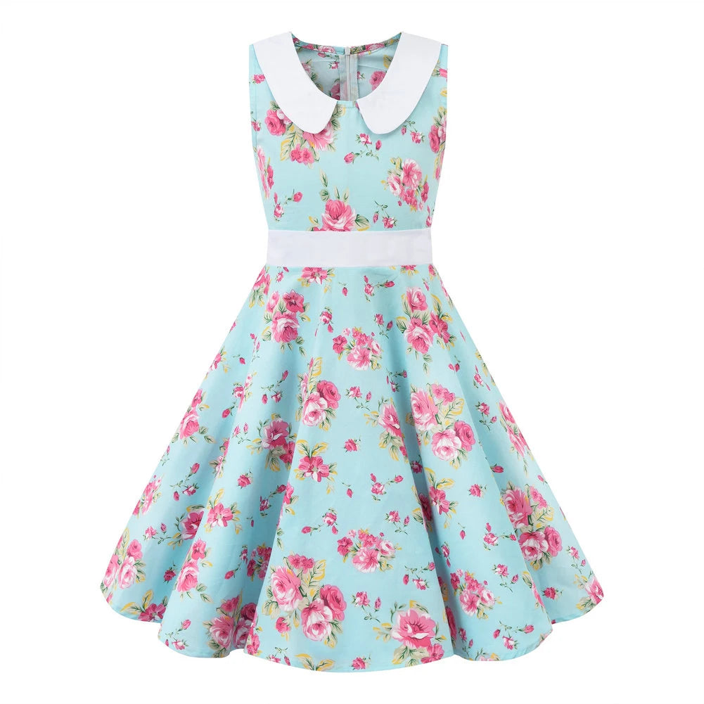 LPATTERN Girls' Vintage Rockabilly Dress Party Retro Polka Dot Floral Pattern A-line Dresses Pleated Skirt Knee-Length for 4-10Y