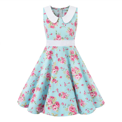 LPATTERN Girls' Vintage Rockabilly Dress Party Retro Polka Dot Floral Pattern A-line Dresses Pleated Skirt Knee-Length for 4-10Y