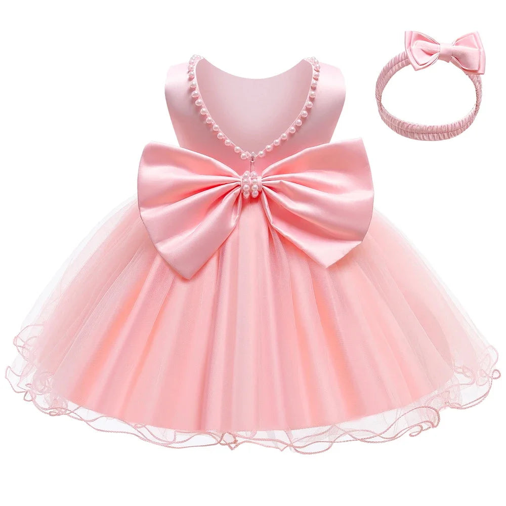 Infant Baby Tulle Backless Pageant Wedding Party Flower Girls Big Bow Dress With Headwear For Toddler Baptism Birthday Prom Gown