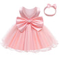 Infant Baby Tulle Backless Pageant Wedding Party Flower Girls Big Bow Dress With Headwear For Toddler Baptism Birthday Prom Gown