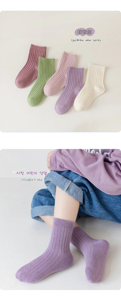 5 Pairs/Lot Children'S Socks Set Solid Color Double Needle Cotton Kids Mid-Tube Socks Candy Color Boys And Girls Student Socks