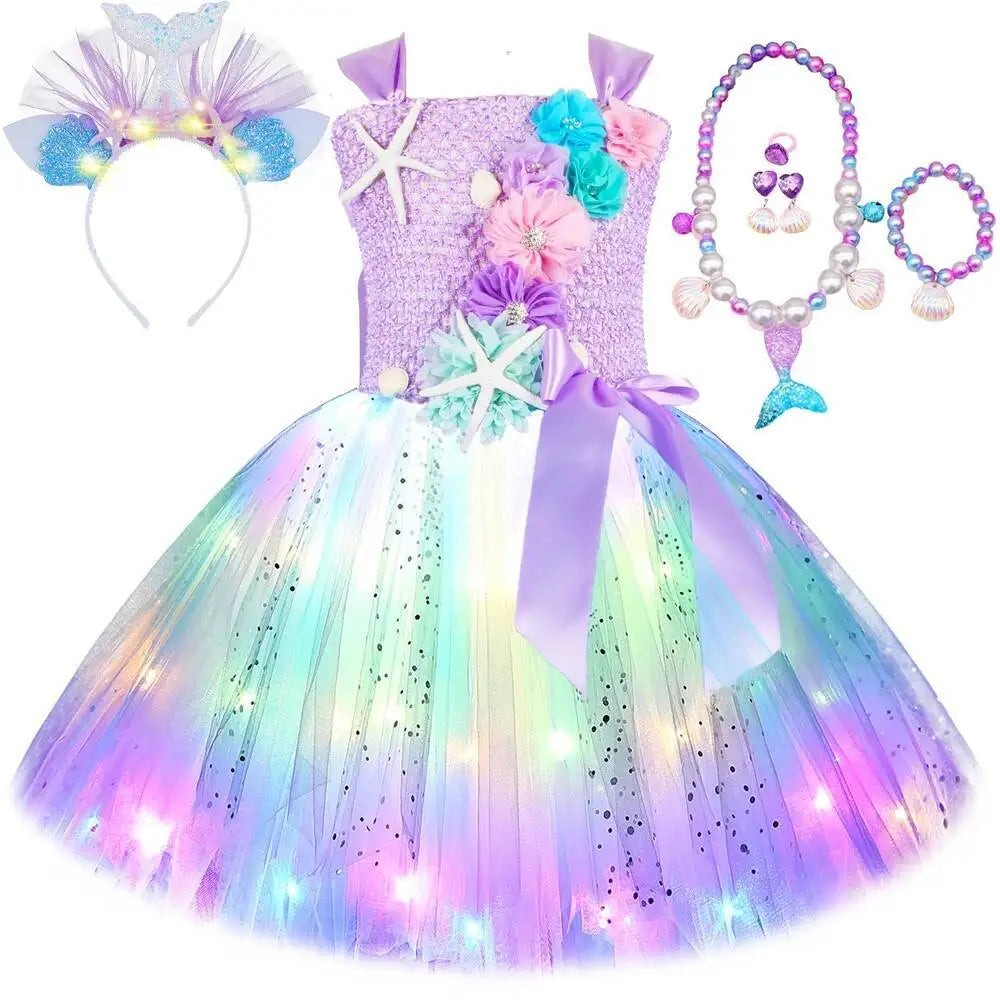 Girls' LED Flashing Mermaid Performance Clothing, Kids' Birthday Beauty Outfit, Fish-Tail Floral Mermaid Princess Tulle Dress