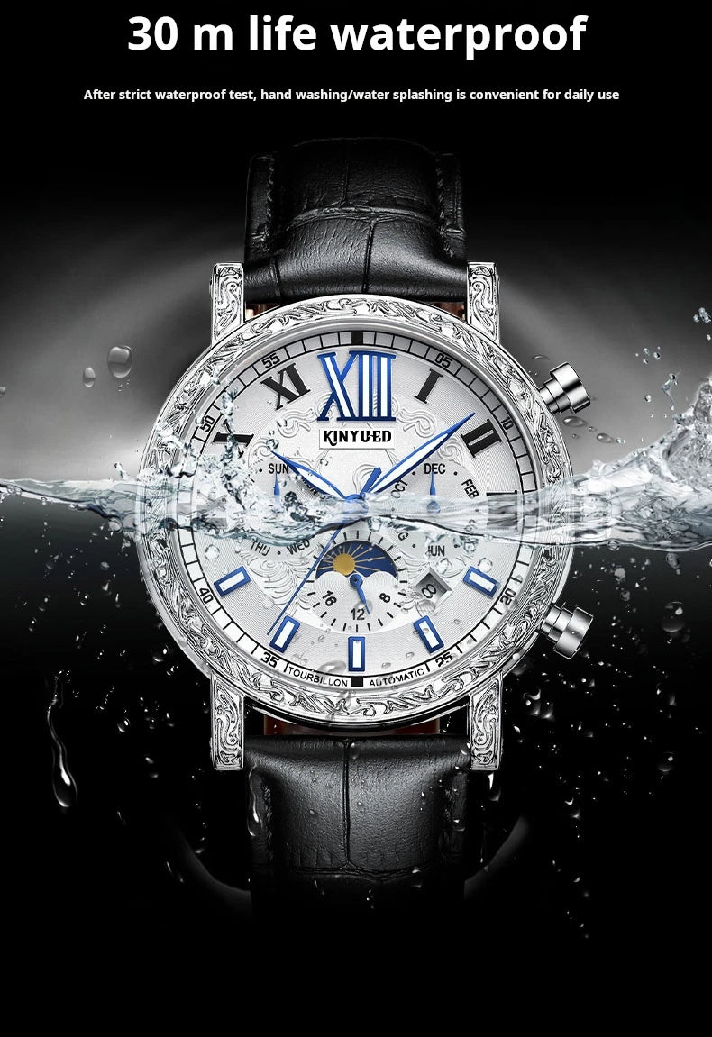 KINYUED Brand Luxury Men's Moon Phase Automatic Mechanical Watch Leather Strap Waterproof Week Date Casual Dress Wrist Watches