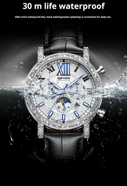KINYUED Brand Luxury Men's Moon Phase Automatic Mechanical Watch Leather Strap Waterproof Week Date Casual Dress Wrist Watches