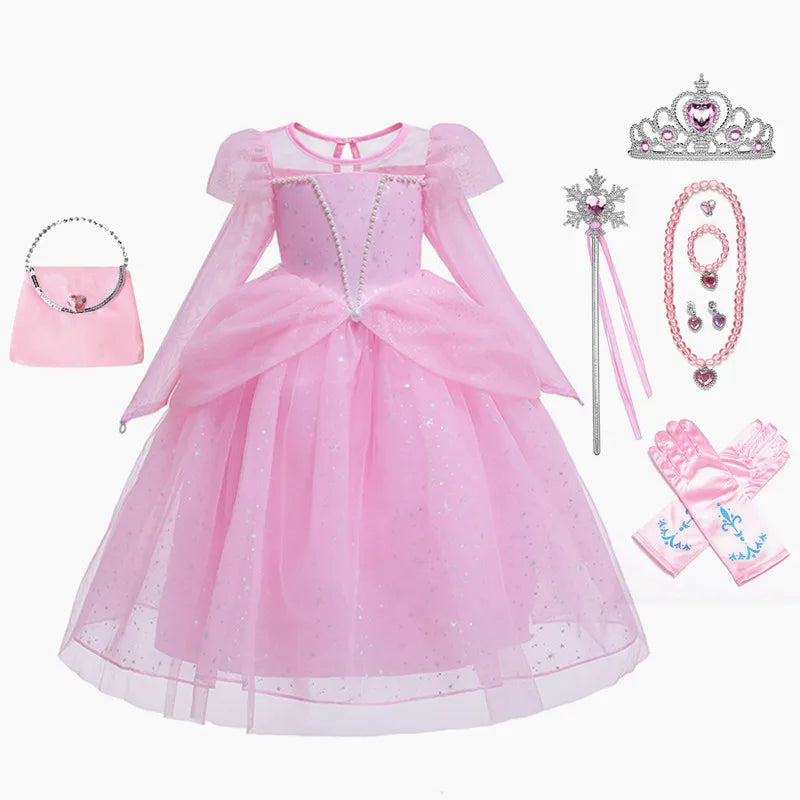 Elsa Cosplay Costume Kids Layers Deluxe Ball Gown Princess Dresses Aurora Christmas Wedding Evening Dress Girls Princess Dresses